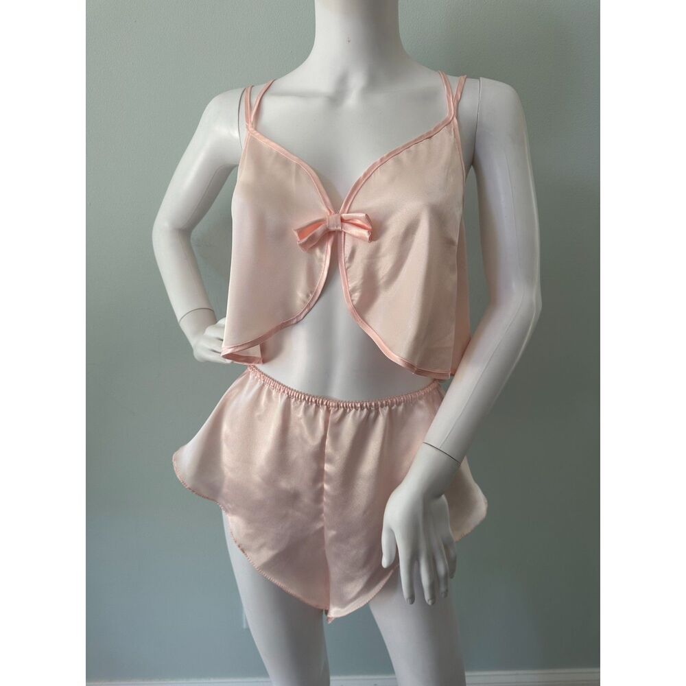 Vintage Val Mode Satin Pajama Set 2pc Camisole Shorts Pastel Pink Peach Medium